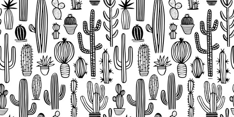 Hand drawn cactus plant doodle seamless pattern. Black and white cacti houseplant background. Nature desert flora texture, mexican garden print. Natural interior graphic decoration wallpaper. - obrazy, fototapety, plakaty