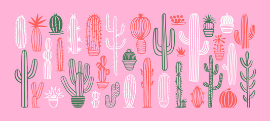 Hand drawn cactus plant doodle set. Vintage style cartoon cacti houseplant illustration collection. Isolated element of nature desert flora, mexican garden bundle. Natural interior graphic decoration.