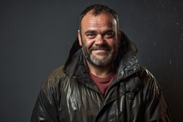 Obraz premium Portrait of a jovial man in his 40s dressed in a water-resistant gilet against a plain cyclorama studio wall. AI Generation