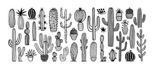 Hand drawn cactus plant doodle set. Vintage style black and white cartoon cacti houseplant illustration collection. Isolated element of nature desert flora, mexican garden bundle. - obrazy, fototapety, plakaty