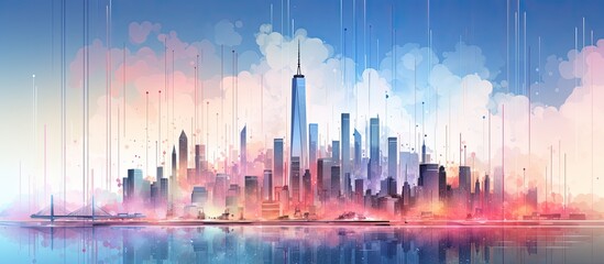 From a distance, the sky showcased a vibrant hue as the city's landscape, filled with towering buildings, reflected the modernity of digital architecture, where the creative concept intertwines with