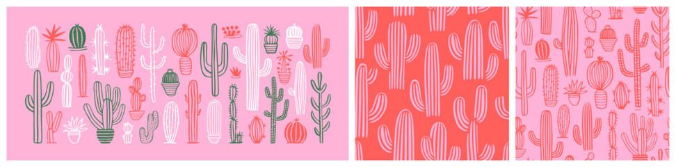 Hand drawn cactus plant doodle seamless pattern set. Vintage style cartoon cacti houseplant background. Nature desert flora texture, garden print. Natural interior graphic decoration wallpaper.