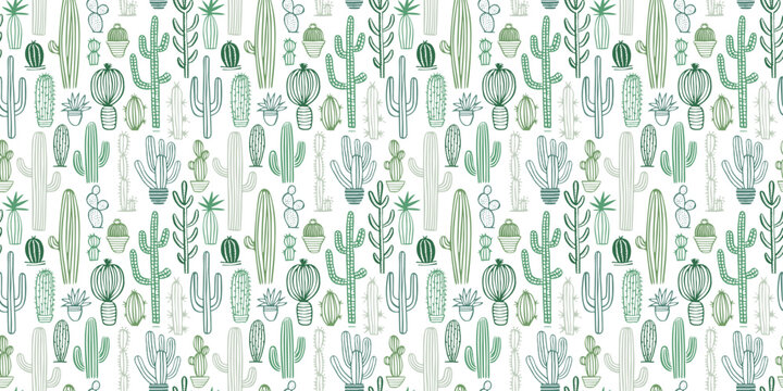 Hand drawn cactus plant doodle seamless pattern. Vintage style cartoon cacti houseplant background. Nature desert flora texture, mexican garden print. Natural interior graphic decoration wallpaper.