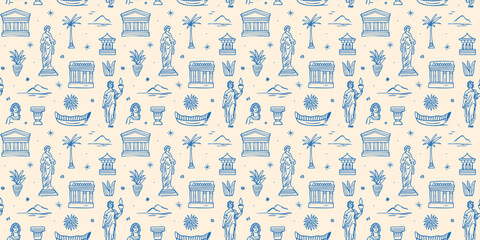 Ancient greek statue and classic vintage monument seamless pattern. Blue greece culture background illustration. Historical flat cartoon drawing wallpaper print texture.