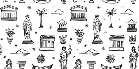 Fototapeta premium Ancient greek statue and classic vintage monument seamless pattern. Black and white greece culture background illustration. Historical flat cartoon drawing.