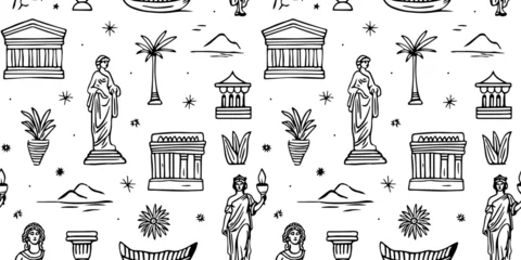 Poster Ancient greek statue and classic vintage monument seamless pattern. Black and white greece culture background illustration. Historical flat cartoon drawing. © Dedraw Studio