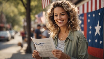 Joyful young american woman with newsletter at the elections day. - obrazy, fototapety, plakaty