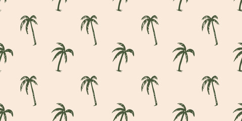 Hand drawn palm tree doodle seamless pattern illustration. Colorful hawaiian print, summer vacation background in vintage art style. Tropical plant painting wallpaper texture. - obrazy, fototapety, plakaty