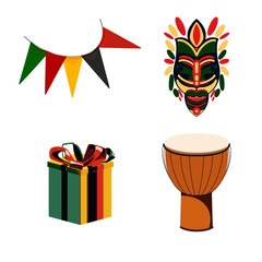 wooden mask, african drum gift and flags on kwanzaa illustration on a white background hand-drawn