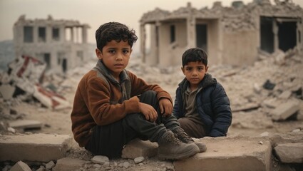 A small sad palestinian boy sits on the ruins of his house