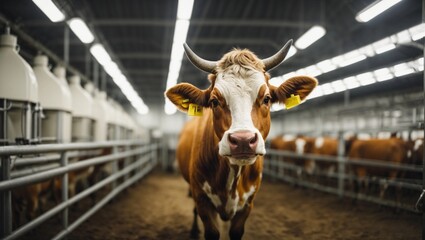 Cow on a dairy farm technologic productions - obrazy, fototapety, plakaty