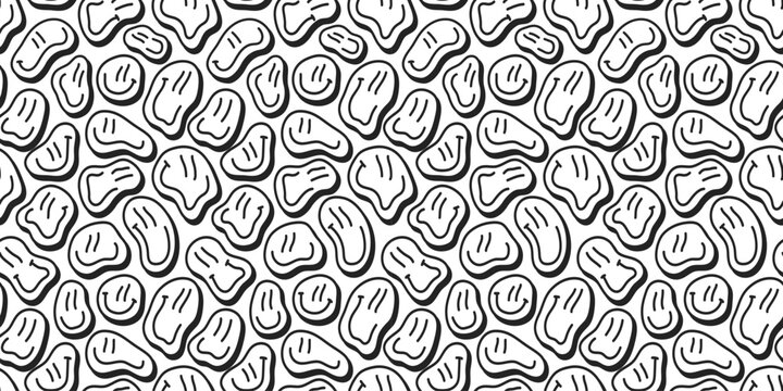 Funny melting happy face cartoon seamless pattern. Retro black and white psychedelic drug effect icon background texture. Trendy character doodle wallpaper.