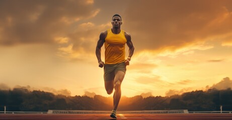 The Champion's Journey: A Determined Man Running on a Track at Sunset - obrazy, fototapety, plakaty