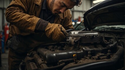 Fototapeta na wymiar a middle age male car mechanic repair the engine