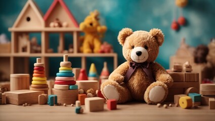 Teddy bear and wooden toys on the table. Baby products, background for web page