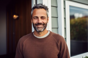 Naklejka premium Portrait of a joyful man in his 40s dressed in a comfy fleece pullover against a crisp minimalistic living room. AI Generation