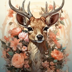 Fawn with flowers in pin-up style, cute wild animal drawn. concept: children's books, animals, postcards