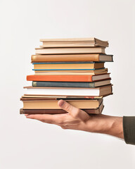 hand holding a stack of books on a white background 