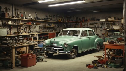 old abandoned car in garage