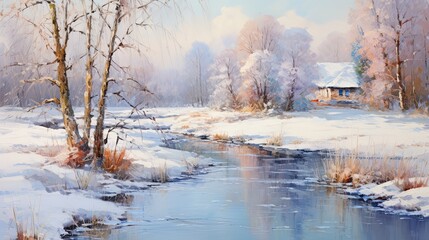 Obraz na płótnie Canvas A watercolor artwork portraying a winter scene, where snow blankets the grass and a forest with a meandering river