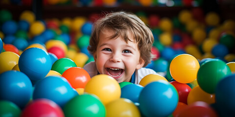 Fototapeta na wymiar Little boy playing in the ball pit joyfully. ai generative