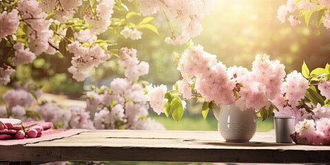 Garden Table Serenity - A Table Background with Ample Free Space - Surrounded by the Blissful Atmosphere of Springtime in the Garden 