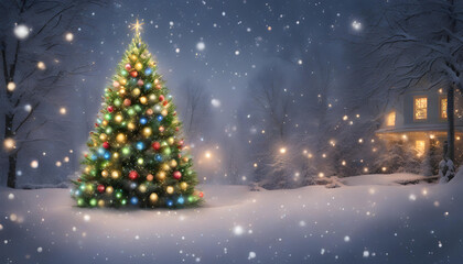 Fototapeta na wymiar Beautiful cinema view of decorated Christmas tree joyous decorations in snowy area