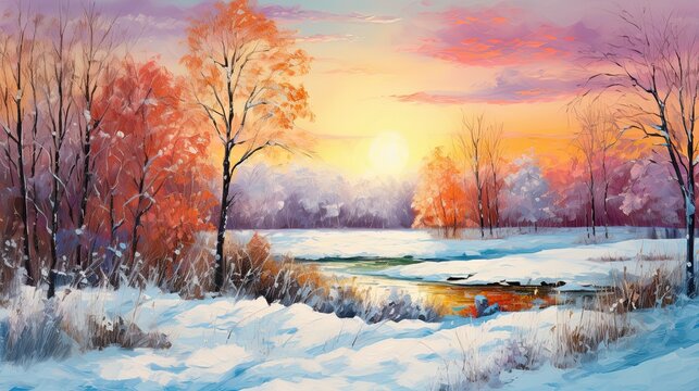 Winter landscape in watercolor, capturing snow-draped grass and a forest with a flowing river, painted in the serene light of the morning sun.