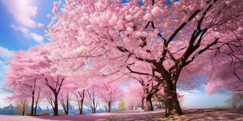 Sakura in Full Bloom - Captivating Display of Cherry Blossoms and Trees Against a Blue Sky Background - Nature's Exquisite Canvas 