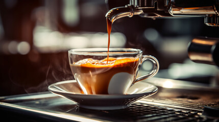 Fototapeta premium Espresso pouring from coffee machine to cup. ai generative