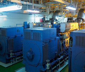 Marine engine. Diesel generator. Engine room interior.