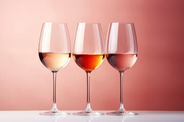 Three wine glasses containing white rose and red wine on pastel background. Generative AI