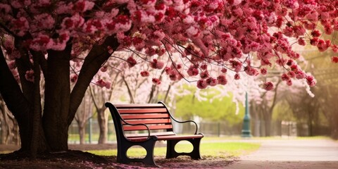 Bench in Bloom - A Red Bench Nestled in Front of a Tree Adorned with Pink Blossoms - Inviting Tranquility in Nature's Colorful Embrace