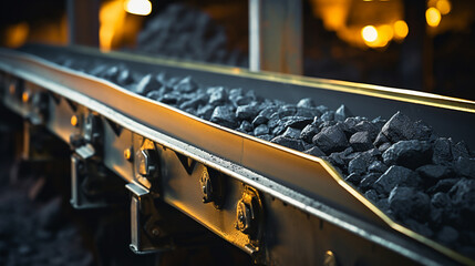 extracted rock materials on a conveyor belt. mining industry. Generative AI - obrazy, fototapety, plakaty