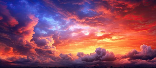 Fototapeta premium As the summer sun began its descent, the sky transformed into a breathtaking masterpiece of vibrant hues, a beautiful spectacle for those who admired the ever-changing cloudscapes, reminding them of