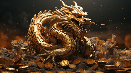 Chinese golden dragon with gold coins. ai generative - obrazy, fototapety, plakaty