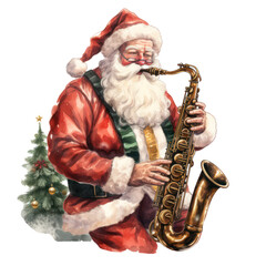 Santa Claus playing the saxophone during the winter holiday season clipart. PNG transparent.