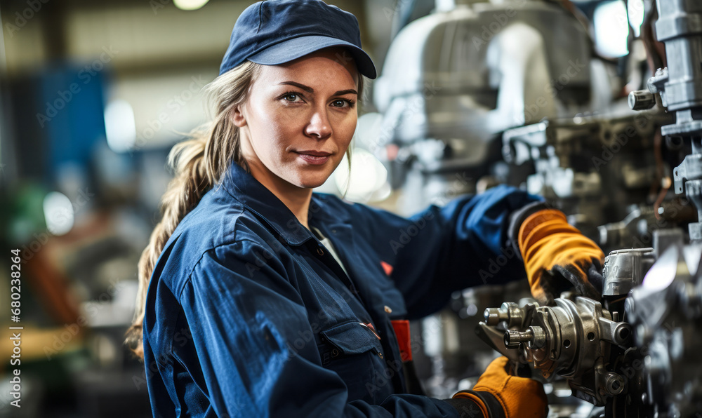 Poster portrait of a skilled engine and machine assembler, expertly constructing engines and turbines for i