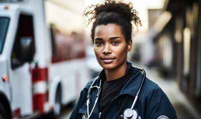portrait of Emergency Medical Technician Paramedic, who Assess injuries, administer emergency medical care, and extricate trapped individuals, Transport injured or sick persons to medical facilities - obrazy, fototapety, plakaty