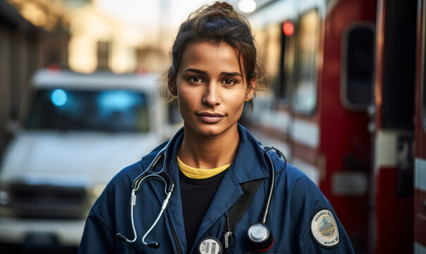 Professional EMT Paramedic providing emergency medical assistance and extricating trapped individuals - Powered by Adobe