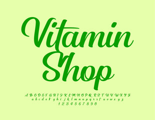 Vector elegant logo Vitamin Shop with green cursive Font. Set of artistic Alphabet Letters and Numbers