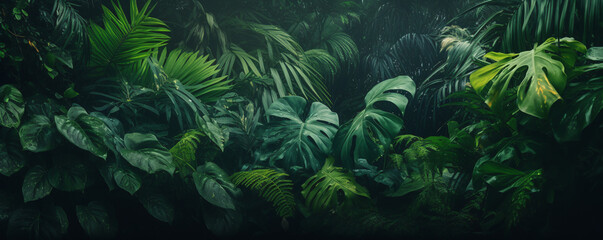 tropical forest with green plants in jungle background. ai generative