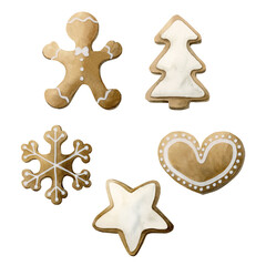 Set of 5 gingerbread cookies: little man, Christmas tree, heart, star and snowflake. Watercolor illustration isolated