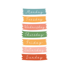 Cute cursive hand written days of the week stickers for weekly planner. Colourful days of the week lettering in warm tones. Boho style days of the week typography set, font for daily organiser, diary. - obrazy, fototapety, plakaty
