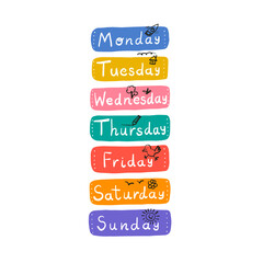 Cute fun hand written days of the week stickers for weekly planner with elements. Colourful playful days of the week lettering. Typography set, font for daily organiser, diary for kids.