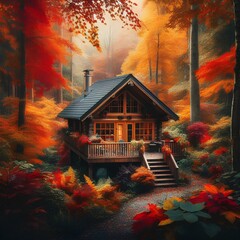 Serene Cabin Nestled Amidst Vibrant Autumn Foliage