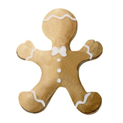 Gingerbread man. Traditional Christmas cookies. Watercolor illustration isolated on white background for winter design.