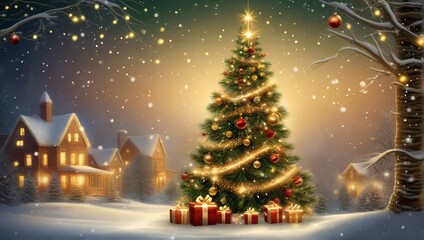 Fototapeta na wymiar Christmas Tree with Various Beautiful Ornaments accompanied by a Charming Background