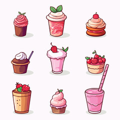 Set of food desserts icons. Colorful sweet menu dishes. Simple Set of Meal Related Vector Icons. 
Fruit milkshakes, Healthy Smoothies cupcakes and more. Editable elements.