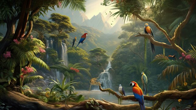 Beautiful Nature Painting wildlife Birds with Tree Background. Birds of Paradise in the Jungle and Tropical Leaves Tree. 3d Interior Mural Canvas Painting wall art Wallpape photography
